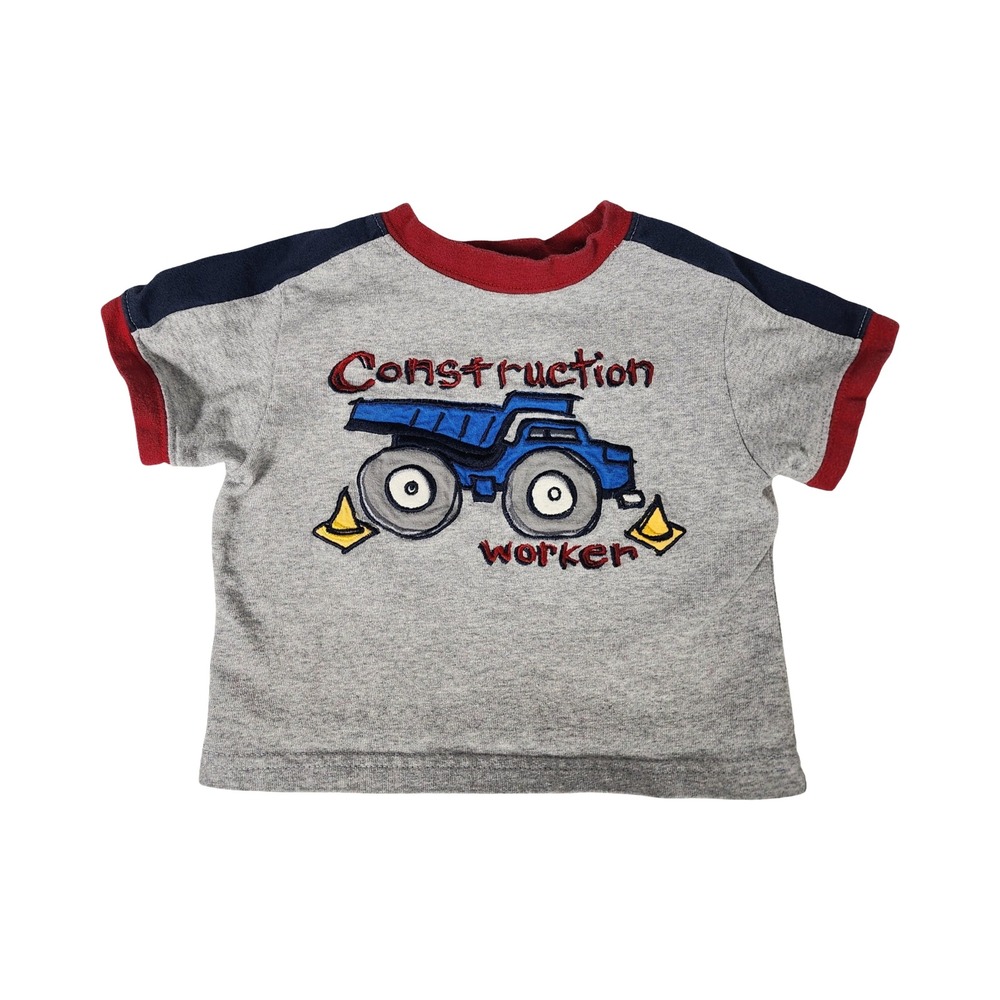Miniwear Kids Construction‎ Worker Dump Truck Ringer T-Shirt Gray Red 6-9 Months